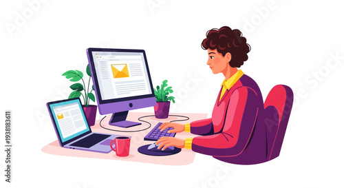 Multi-tasking professional working with desktop and laptop computers