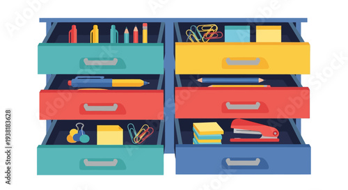 Organized office desk drawer with stationery supplies