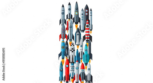 Collection of toy rockets standing upright in a group.