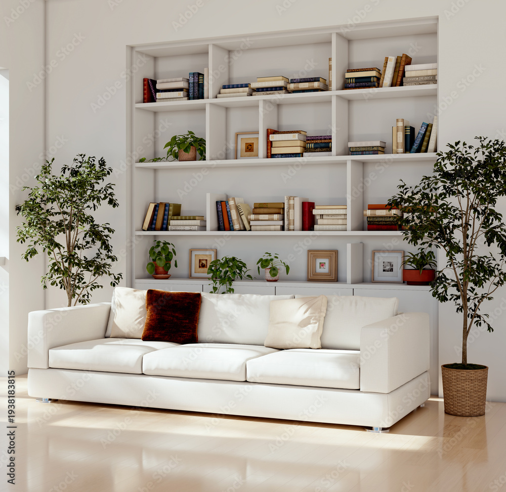 Naklejka premium Large luxury modern bright interiors Living room mockup illustration 3D rendering Generated Color Image