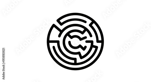 Black and white circular maze symbol.