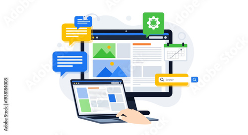 User browsing internet with floating digital marketing icons