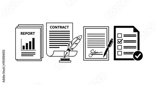 Line art icons depicting various business documents: report, contract, signed agreement, and checklist, representing documentation and legal processes.