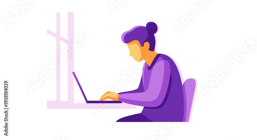 Woman typing on laptop in modern workspace