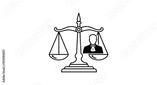 A black and white line art illustration depicting a classic balance scale with an empty pan on one side and a silhouette of a judge on the other, symbolizing justice and legal proceedings.