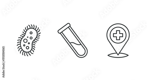 Line art icons representing microbiology, laboratory testing, and medical facility location for healthcare and scientific concepts.