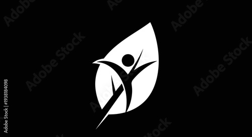 Stylized white human figure with outstretched arms inside a leaf shape on a black background, representing growth, health, and nature.