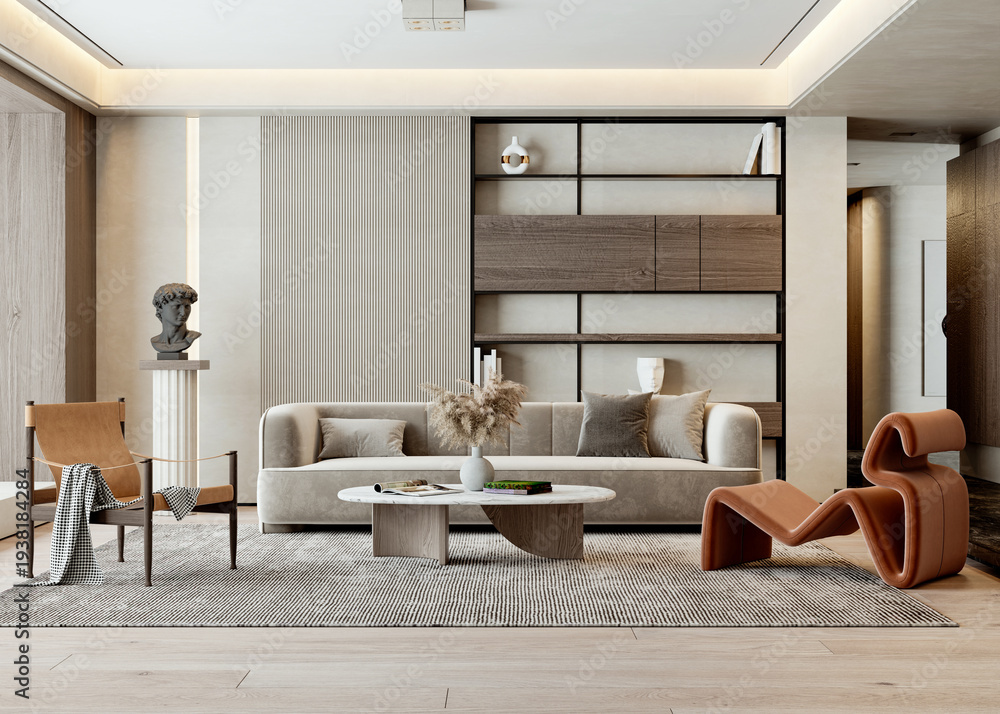 Naklejka premium Large luxury modern bright interiors Living room mockup illustration 3D rendering Generated Color Image