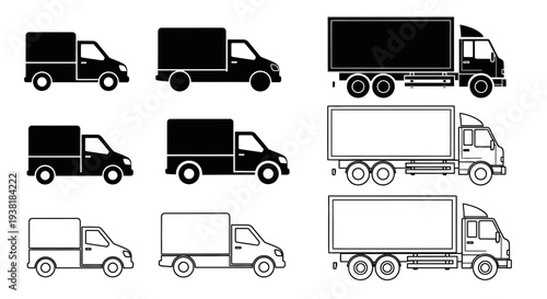 Set of Delivery and Cargo Trucks Icons in Line Art and Solid Fill Styles on Isolated White Background