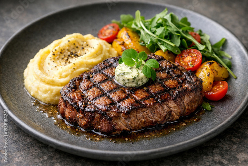 Premium Grilled Ribeye Steak Cooked to Perfection with Professional Charred Cross-Hatch Sear Marks, Topped with a Generous Scoop of Melting Savory Garlic Herb Butter. This Hearty Entree is Served