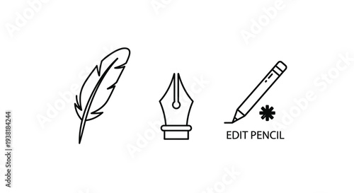 Writing and Editing Tools Icons Set: Feather Quill, Ink Nib Pen, and Edit Pencil on Isolated White Background