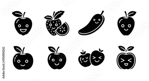 Cute cartoon happy fruit character icon set. adorable fruit collection with smiling faces on white background
