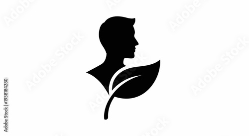 Human Head Silhouette with Green Leaf Icon Symbolizing Natural Health and Organic Lifestyle on Isolated White Background