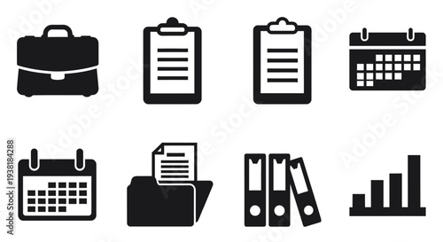 Comprehensive Set of Business and Office Icons: Briefcase, Clipboard, Calendar, Folder, Binders, and Chart on Isolated White Background