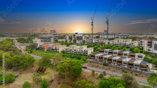 Panoramic Aerial Drone view of Inner Suburbs of Melbourne housing, roof tops, the streets and the parks, the roads and trees of Ascot Vale Moonee Ponds Brunswick Essendon and Maribyrnong in VIC Victor