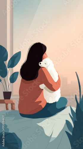 Woman sits on bed holding small dog while looking out of window at sunset in cozy room