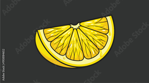 A bright yellow lemon slice with visible segments and rind isolated on a dark background.