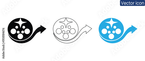 Set of vector film reel icons in black, line art, and blue, perfect for media and entertainment projects