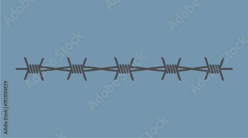 Barbed Wire Fence Section Isolated on Blue Background.