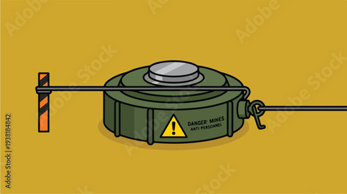 Antipersonnel mine with tripwire and warning sign.