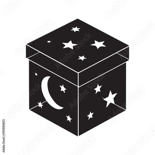 Minimalist gift box illustration with crescent moon and stars in black and white