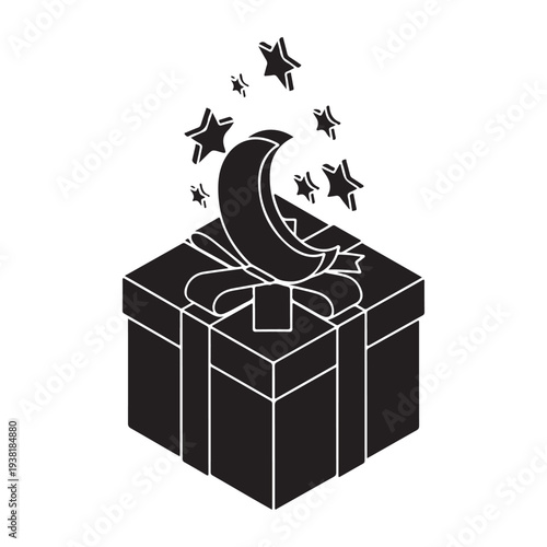 Minimalist gift box illustration with crescent moon and stars in black and white