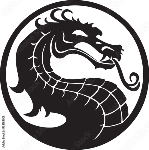 Dragon logo in a circle vector silhouette illustration, mortal kombat symbol
