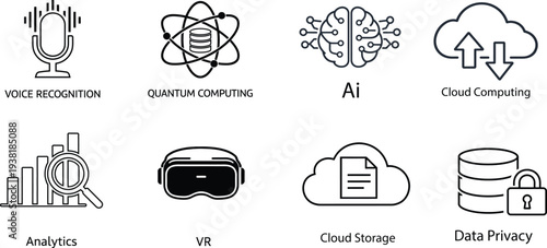 Collection of modern technology and data storage icons in black and white