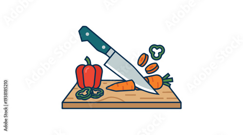 Chef Knife Cutting Fresh Vegetables on Wooden Cutting Board.