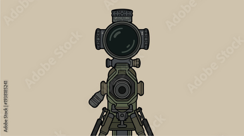 Closeup view of a rifle scope mounted on a tripod aiming forward.