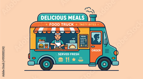 Colorful Food Truck Serving Delicious Meals Freshly Prepared.