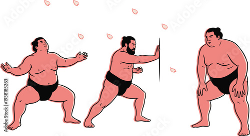 Three sumo wrestlers in various stances preparing for a traditional Japanese wrestling match with falling petals