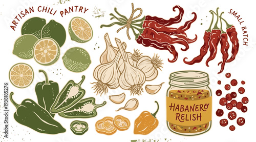 A vibrant illustration of artisan chili pantry ingredients including fresh peppers limes and garlic