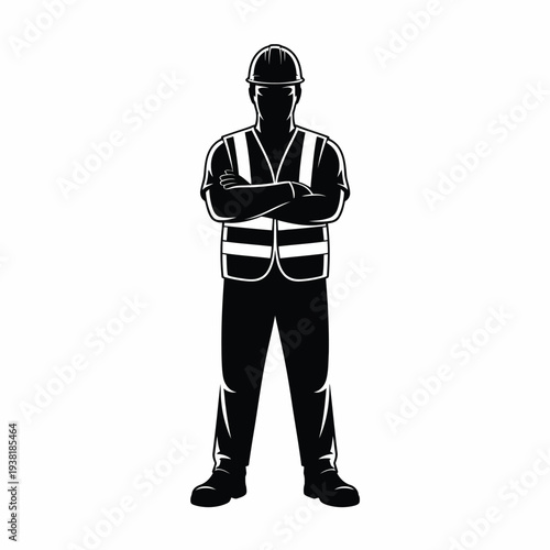 Construction worker in safety gear standing confidently with arms crossed on white background