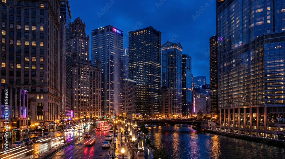Obraz premium Nightscape 夜景 026 Urban River Nightscape with Illuminated Architecture and Traffic Light Trails（ライトアップされたビル群と道路の光跡が水面に映る都会の川沿い夜景）