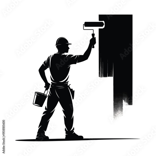 Man in silhouette painting a wall with a roller holding paint bucket in a dynamic stance