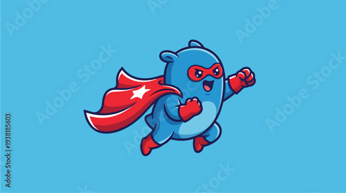 Cute Blue Bear Superhero Flying with Red Cape.