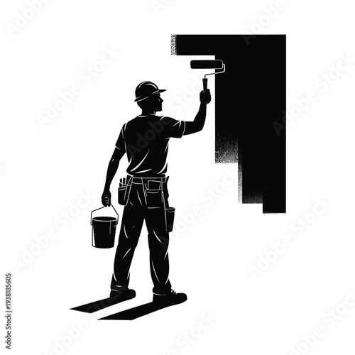 Man painting wall with roller black silhouette on white background construction worker with bucket and tools