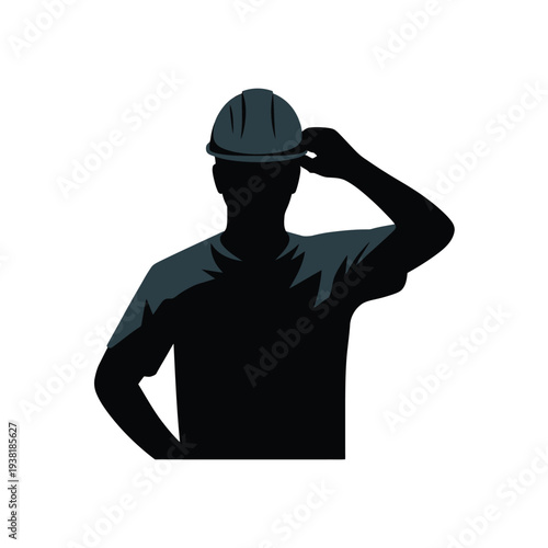 Silhouette of a construction worker in a hard hat looking away confidently on a plain background
