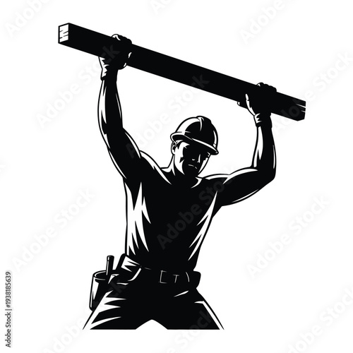 Muscular construction worker in hard hat lifting heavy beam overhead with tool belt