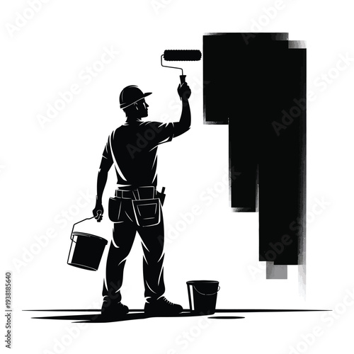 Man painting wall with roller and paint bucket in hand black silhouette on white background diy home improvement concept