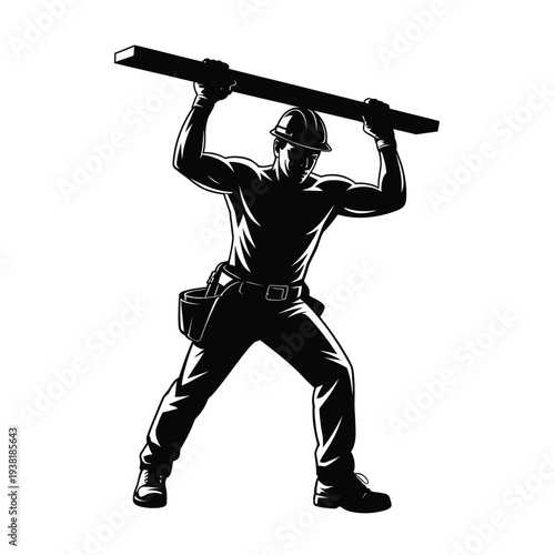 Man in hard hat holds up a plank of wood strong industrial worker with tool belt