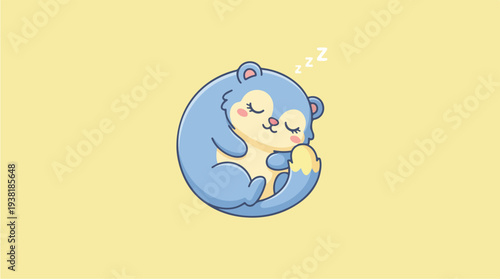 Cute Blue Hamster Sleeping Curled Up Illustration.