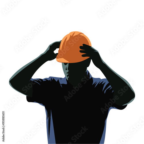 Man in silhouette adjusting orange hard hat on head wearing blue shirt isolated on white background construction worker concept