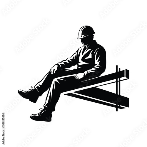 Construction worker sitting on i beam taking a break wearing hard hat and casual clothes feeling tired silhouette on white background