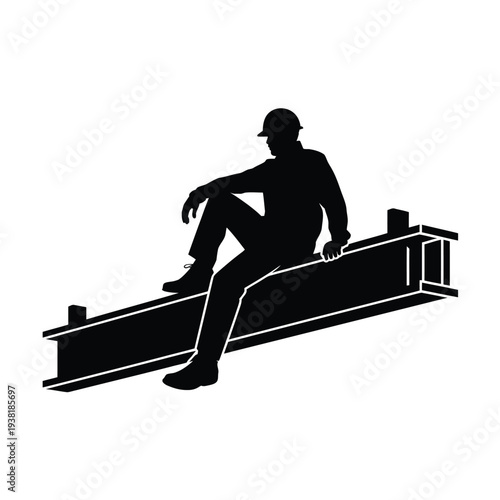 Construction worker sitting on a steel beam wearing a hard hat in a relaxed pose