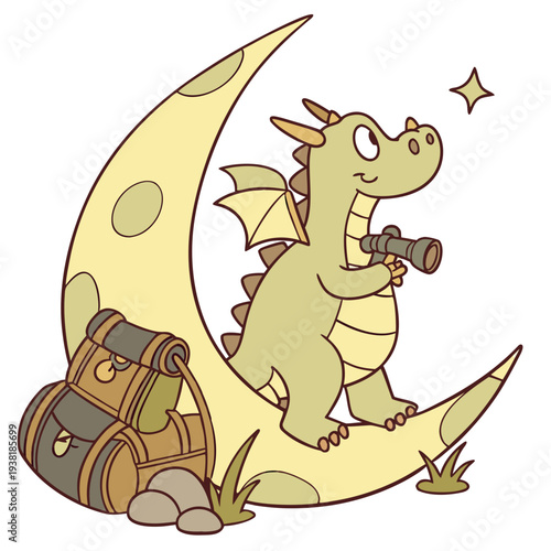 Whimsical Dragon feeling Excited in a Forest adventure setting with sitting on a moon – colored in Evergreen Trails