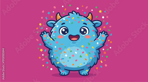 Cute Blue Monster Character with Confetti.