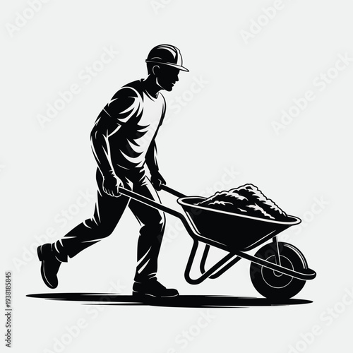 Man in hard hat pushing loaded wheelbarrow with rocks on white background construction worker carrying heavy tools