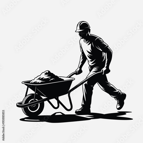 Man in hard hat pushing loaded wheelbarrow on construction site with heavy tools and equipment
